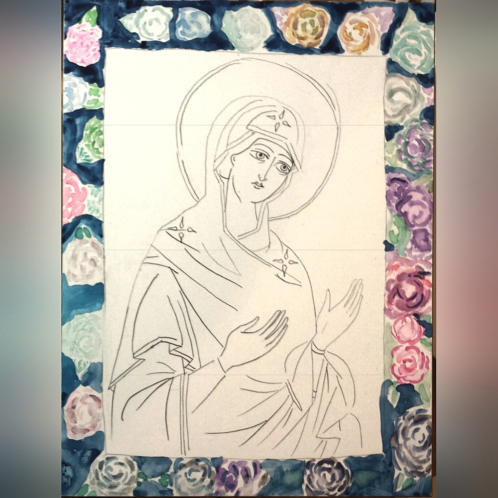 Orthodox icon drawings, one with rose border in watercolor.